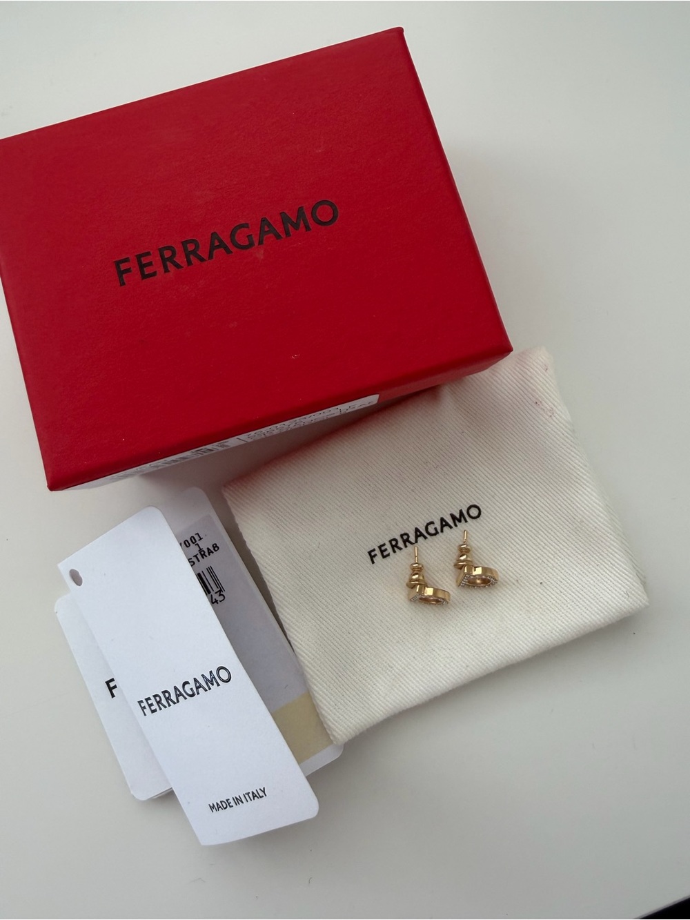 Salvatore Ferragamo Gold and Crystal Gancini Stud Earrings